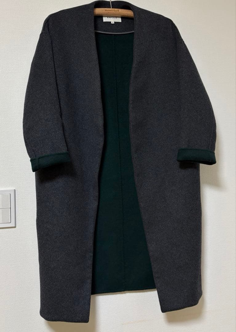 ENFOLD ウールリバー　ノーカラーコート　グレー　裏グリーン　36