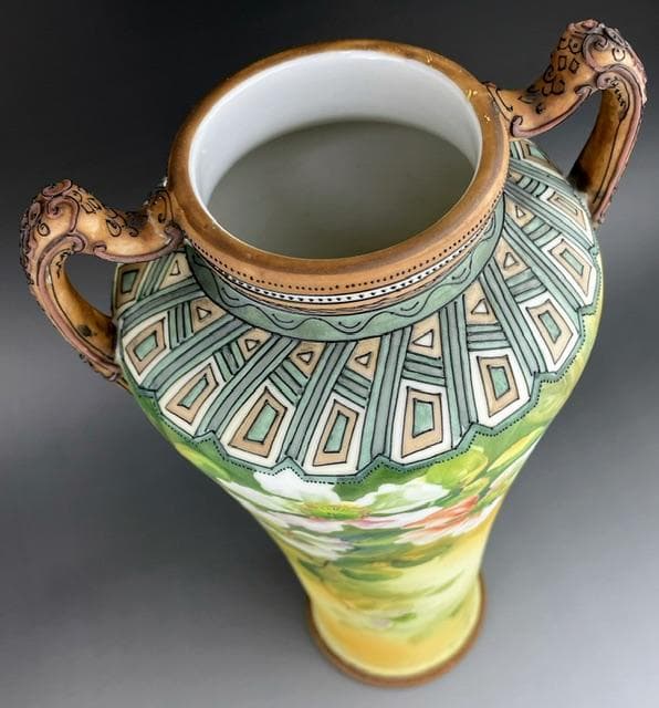 【超大型・訳アリ】オールドノリタケ 約３１．５㎝　花紋盛上げ花瓶 クレマチス