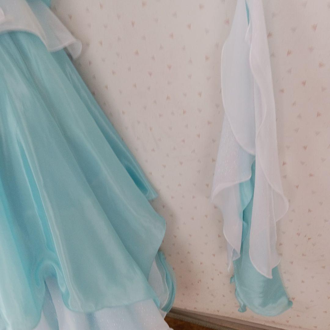 水色オフショルダー社交ダンスドレス