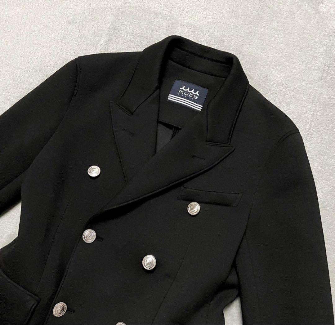 M相当★ムータマリン ダブル テーラードジャケット 銀ボタン ボンディング 黒
