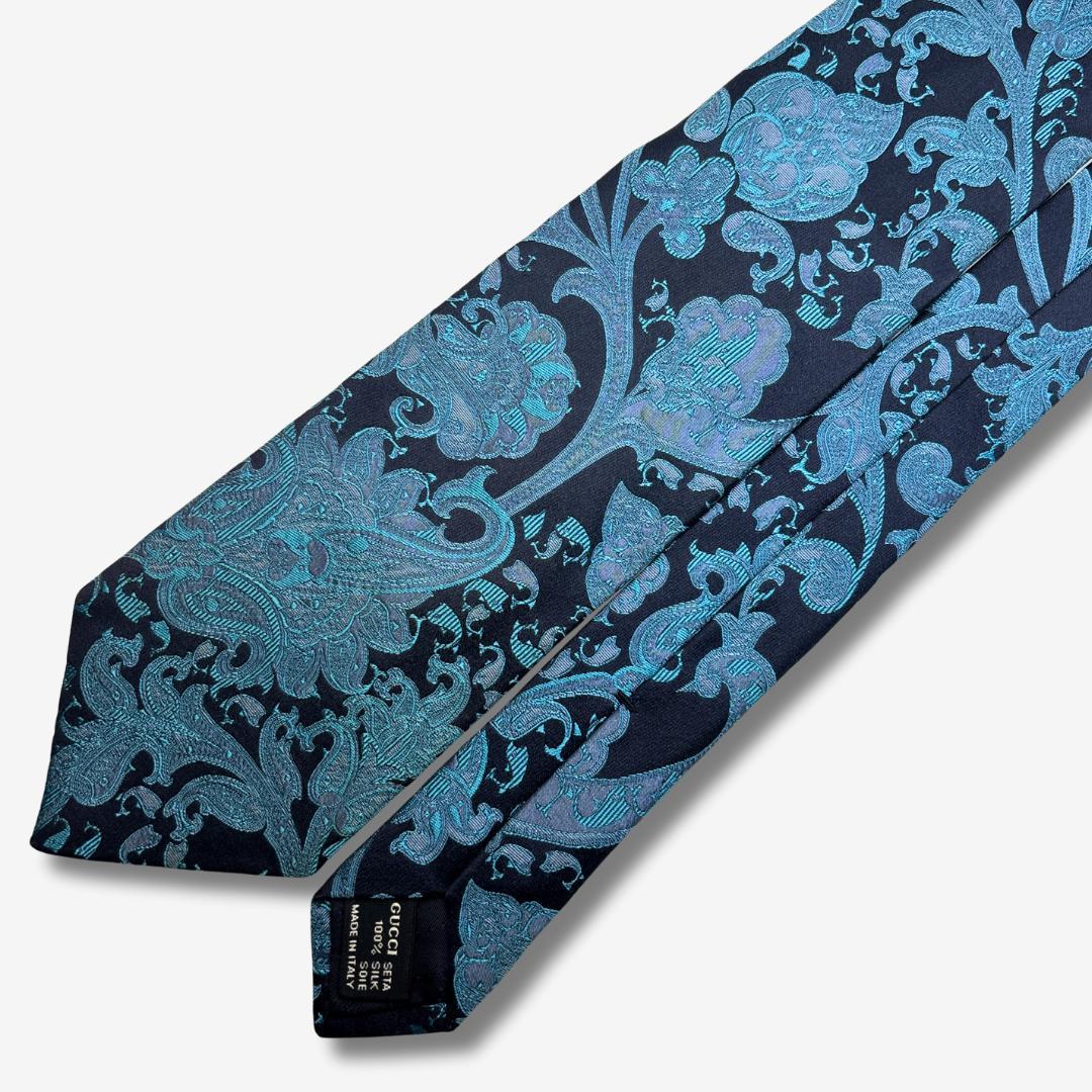 GUCCI シルクネクタイ ペイズリー柄 ネイビー×ターコイズ