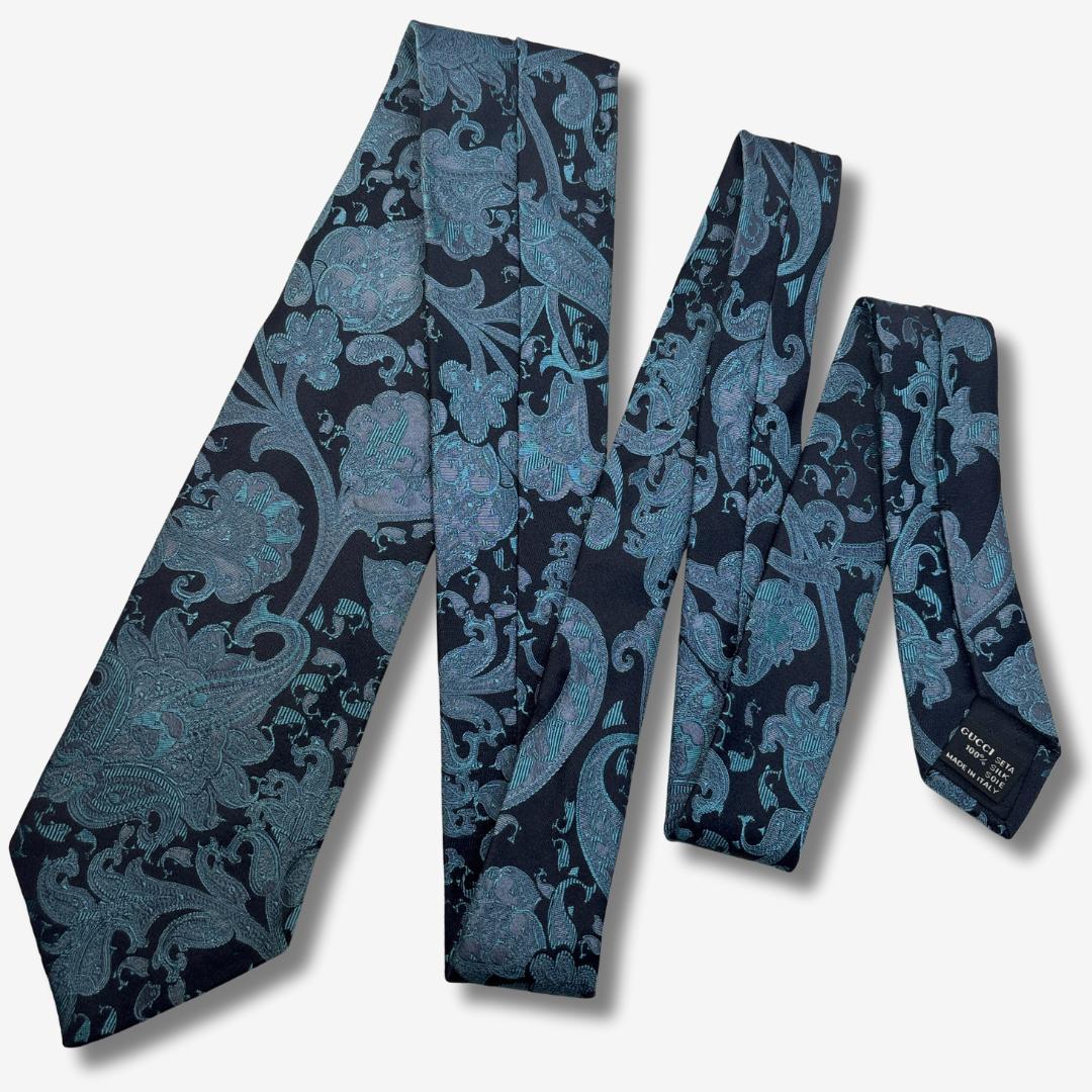 GUCCI シルクネクタイ ペイズリー柄 ネイビー×ターコイズ