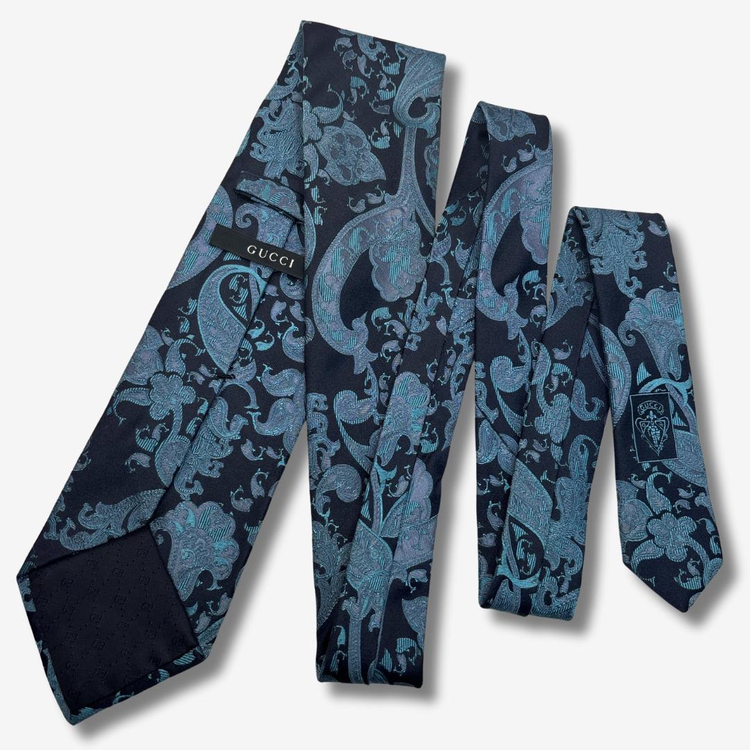 GUCCI シルクネクタイ ペイズリー柄 ネイビー×ターコイズ