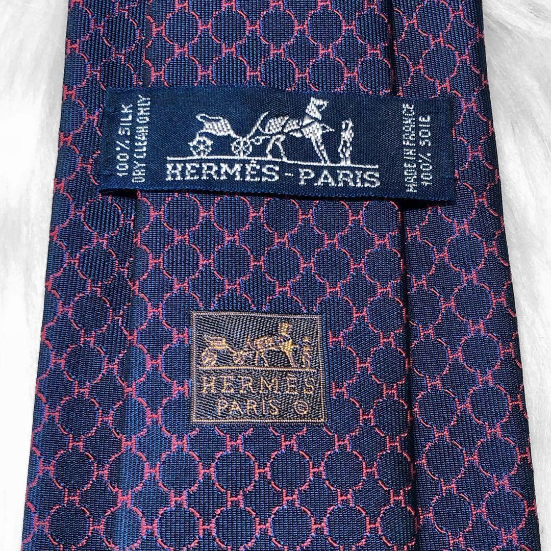 【美品】エルメス ネクタイ H柄 サークル ネイビー ビジネス 成人式 イベント