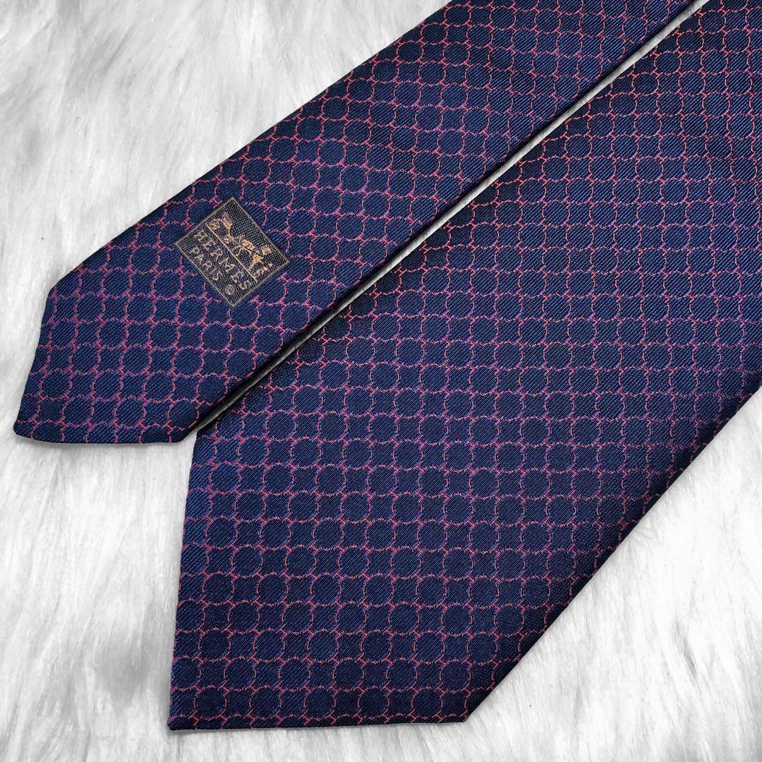 【美品】エルメス ネクタイ H柄 サークル ネイビー ビジネス 成人式 イベント