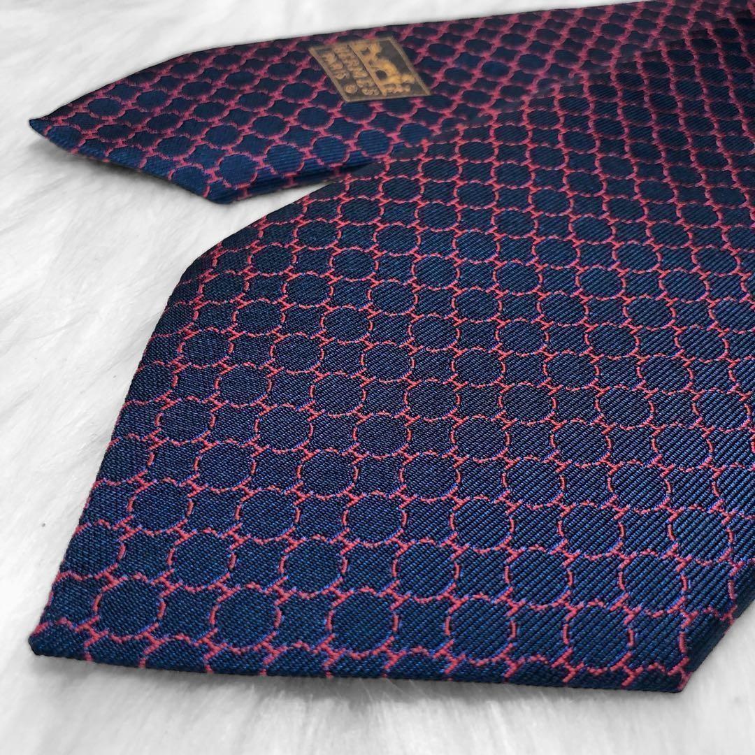 【美品】エルメス ネクタイ H柄 サークル ネイビー ビジネス 成人式 イベント