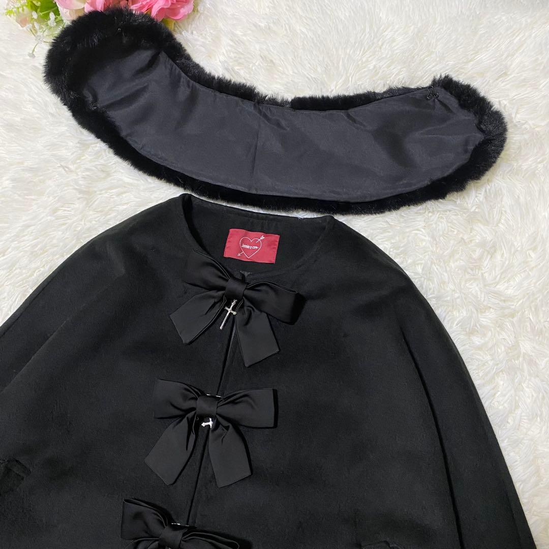 【試着のみ】 Jamieエーエヌケー　リボンが3つフリルケープ　ポンチョ　ファー