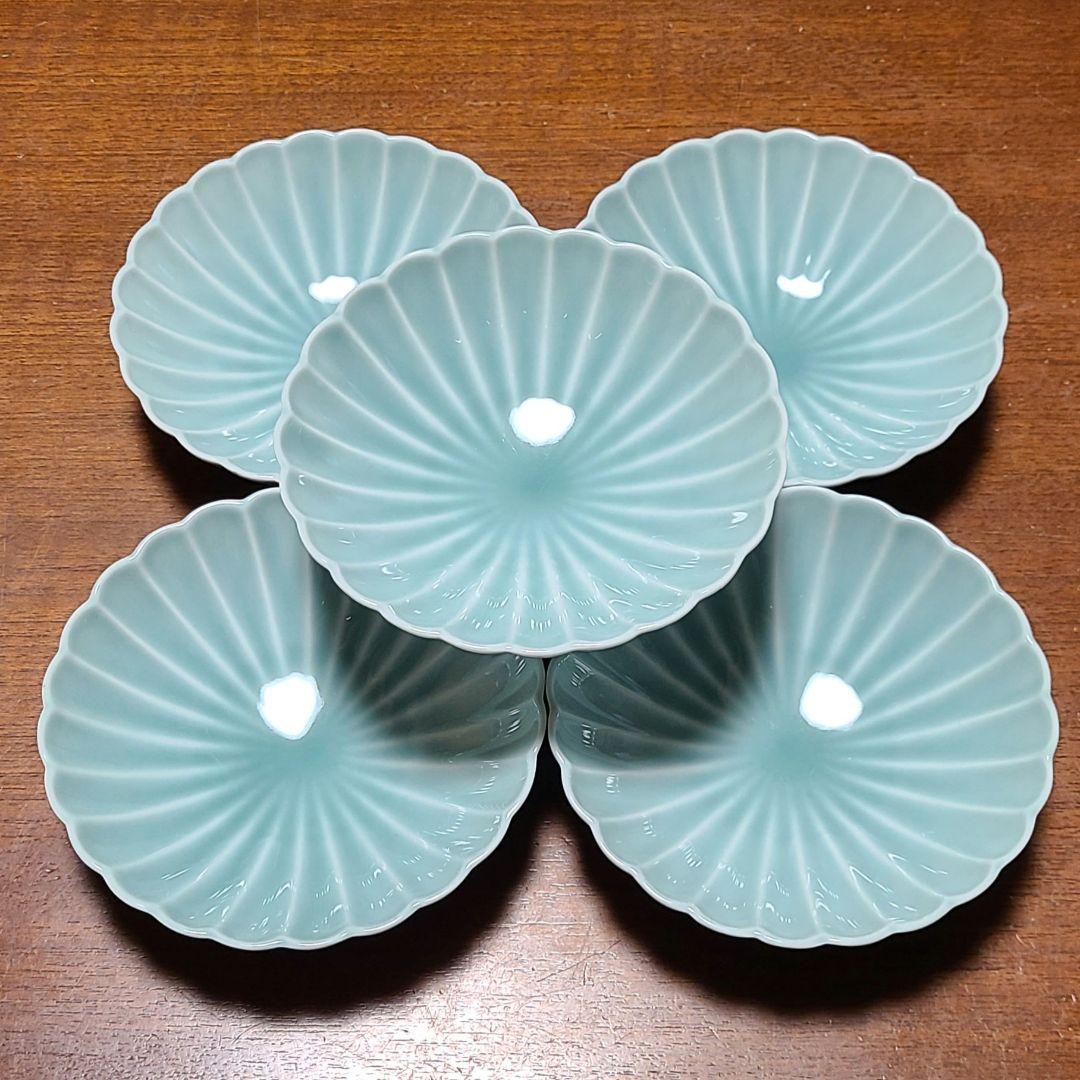深川製磁 青磁 菊割 小付揃　和皿揃　5客 宮内庁御用達