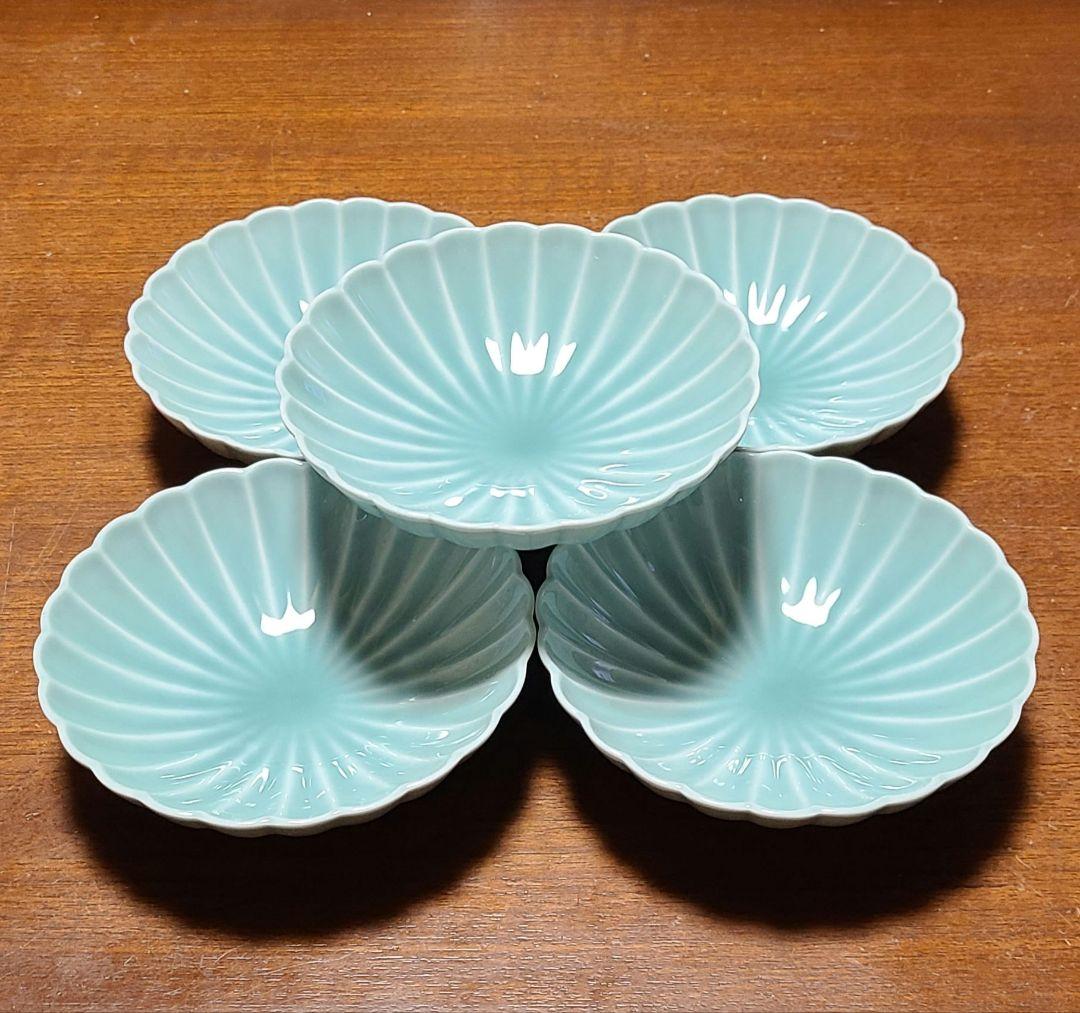 深川製磁 青磁 菊割 小付揃　和皿揃　5客 宮内庁御用達