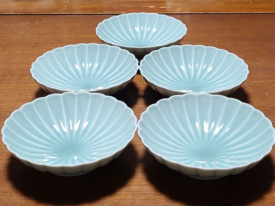 深川製磁 青磁 菊割 小付揃　和皿揃　5客 宮内庁御用達