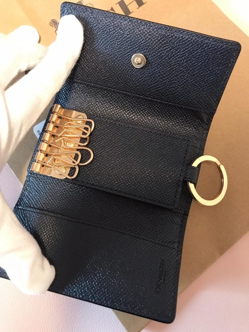 新品coach 6 リング キー ケース クロスグレイン レザー