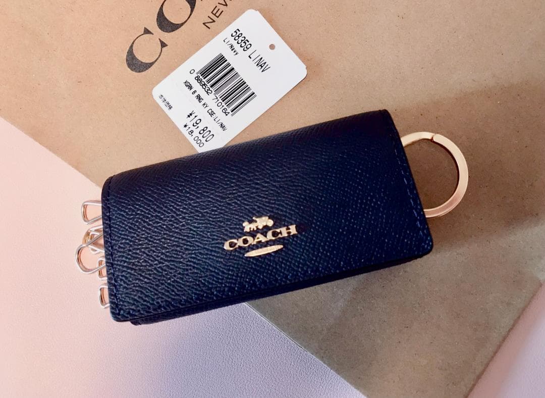 新品coach 6 リング キー ケース クロスグレイン レザー