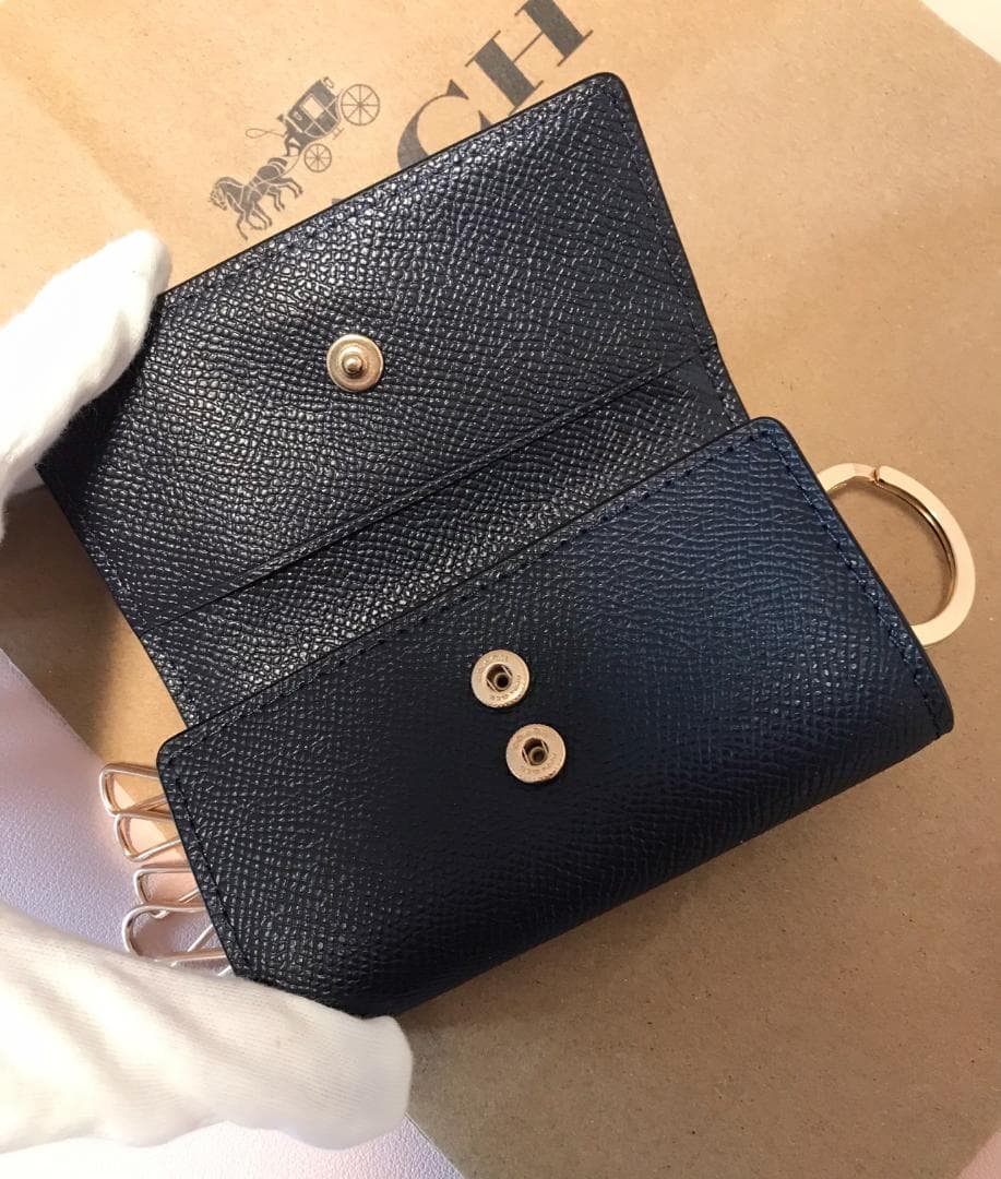 新品coach 6 リング キー ケース クロスグレイン レザー