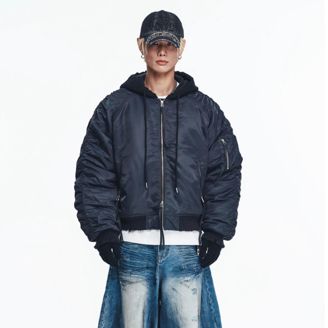 ジャケット・アウター EASY NO EASY Destroyed Shirring Hood MA1