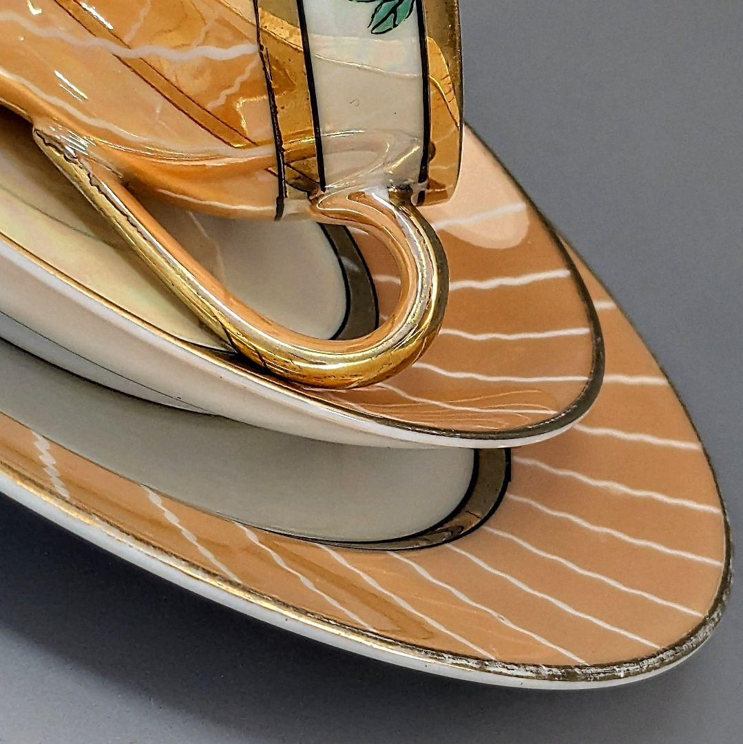 オールドノリタケ アールデコ期大銘品！金彩虹ラスター花籠絵図キャビネット トリオ