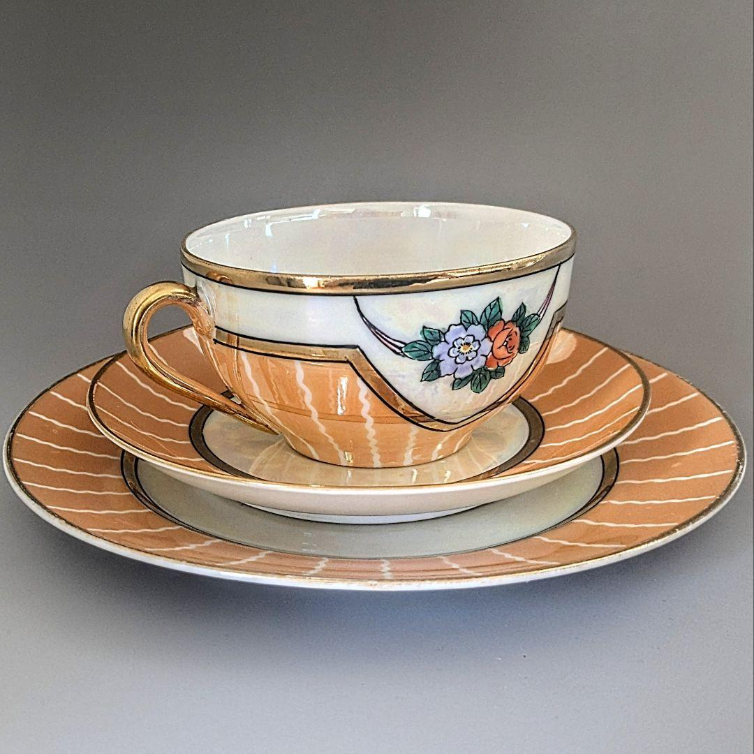 オールドノリタケ アールデコ期大銘品！金彩虹ラスター花籠絵図キャビネット トリオ