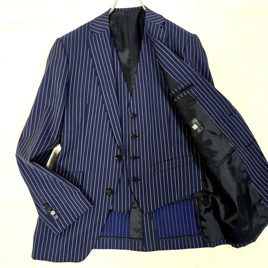 極美品 スーツセレクト 3ピース スーツセットアップ ストライプ ネイビー Y6