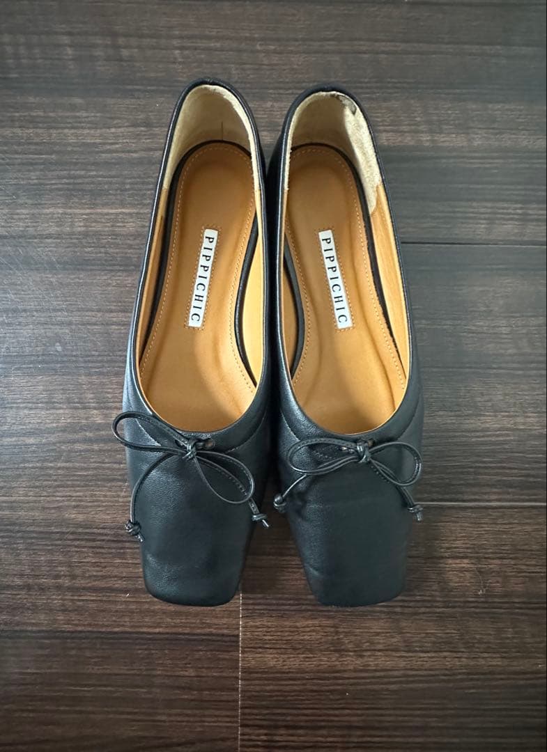 ピッピシック スクエアトゥ バレエシューズ リボン フラット 黒 36