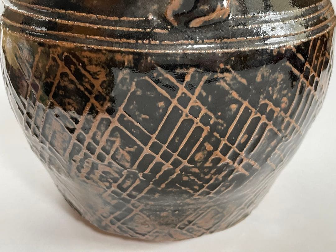 陶芸家　人間国宝　濱田庄司　浜田庄司　？　鉄釉　文打　水指　茶道具　箱なし