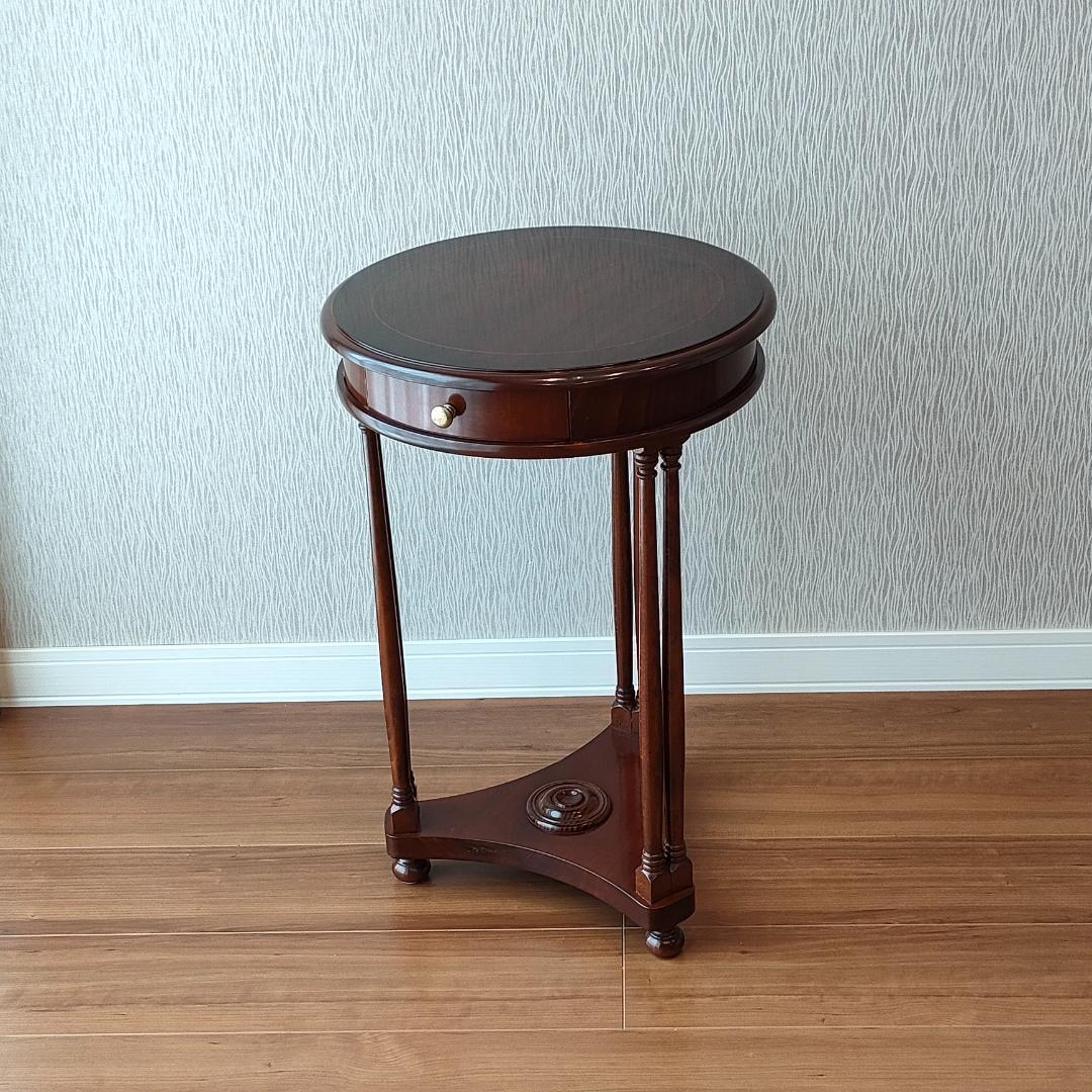 アンティーク　サイドテーブル　ラウンド　象嵌　引出し付き