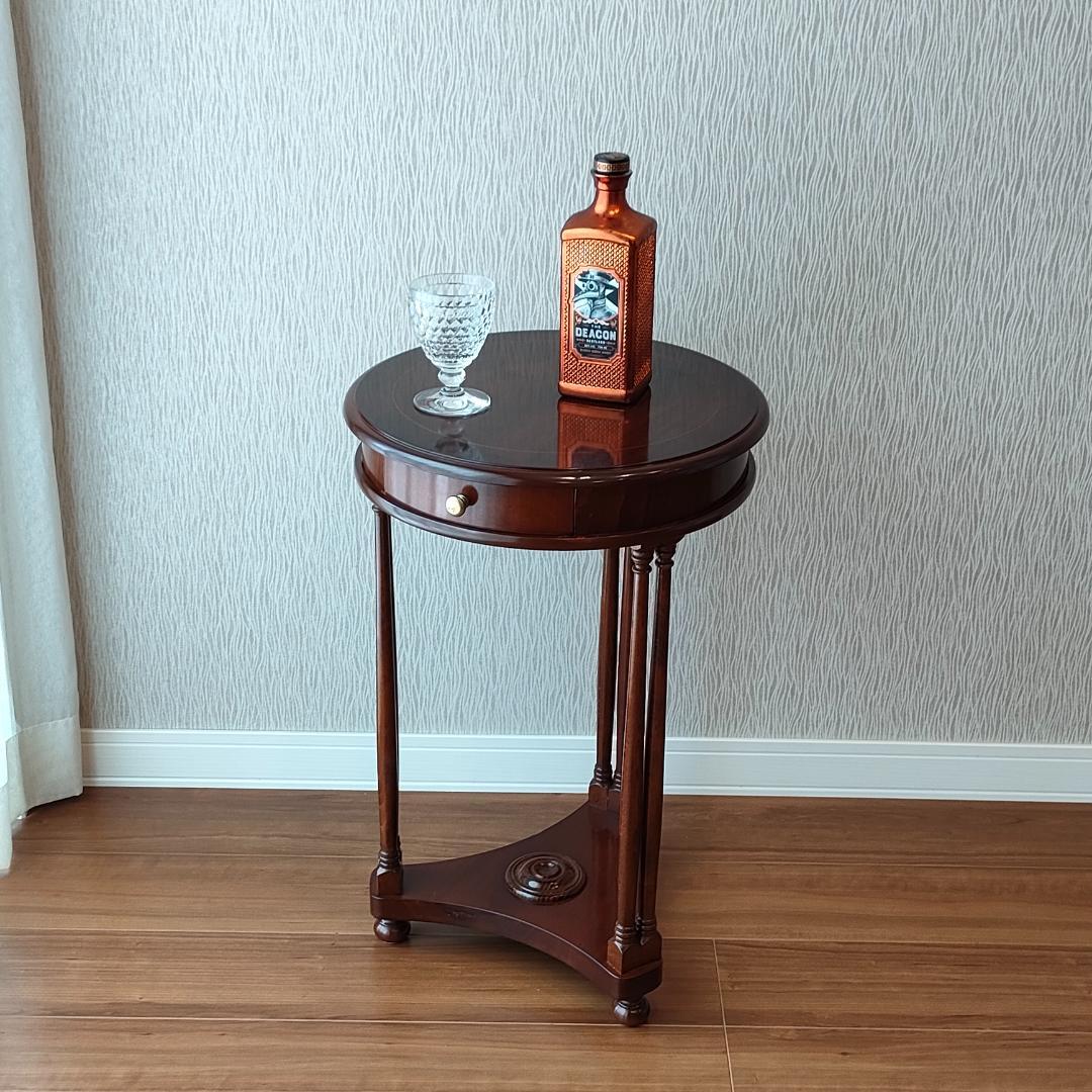 アンティーク　サイドテーブル　ラウンド　象嵌　引出し付き