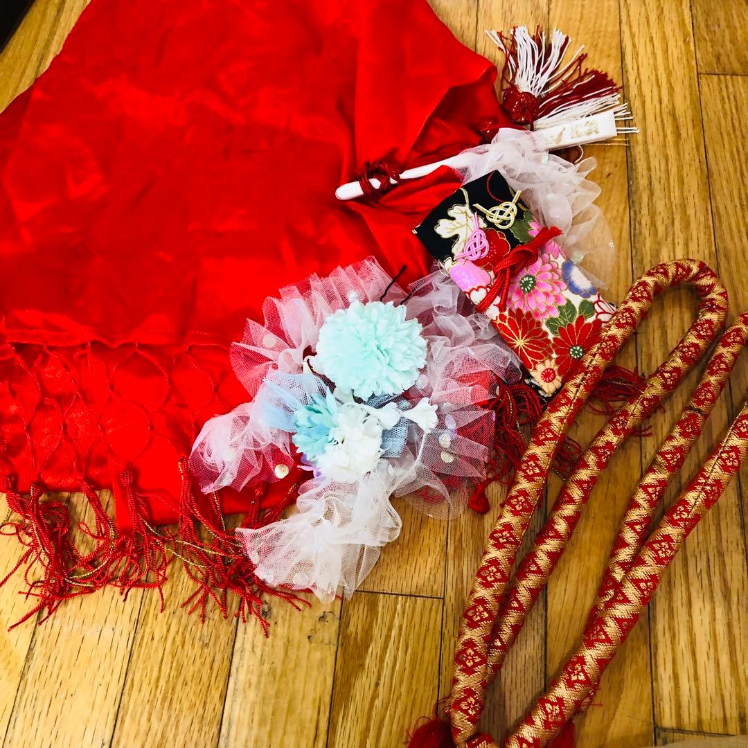 七五三7歳❣️人気赤地暈し金彩際立つ完全フルセッット⭐︎扇熨斗鶴菊金彩煌びやか際立つ