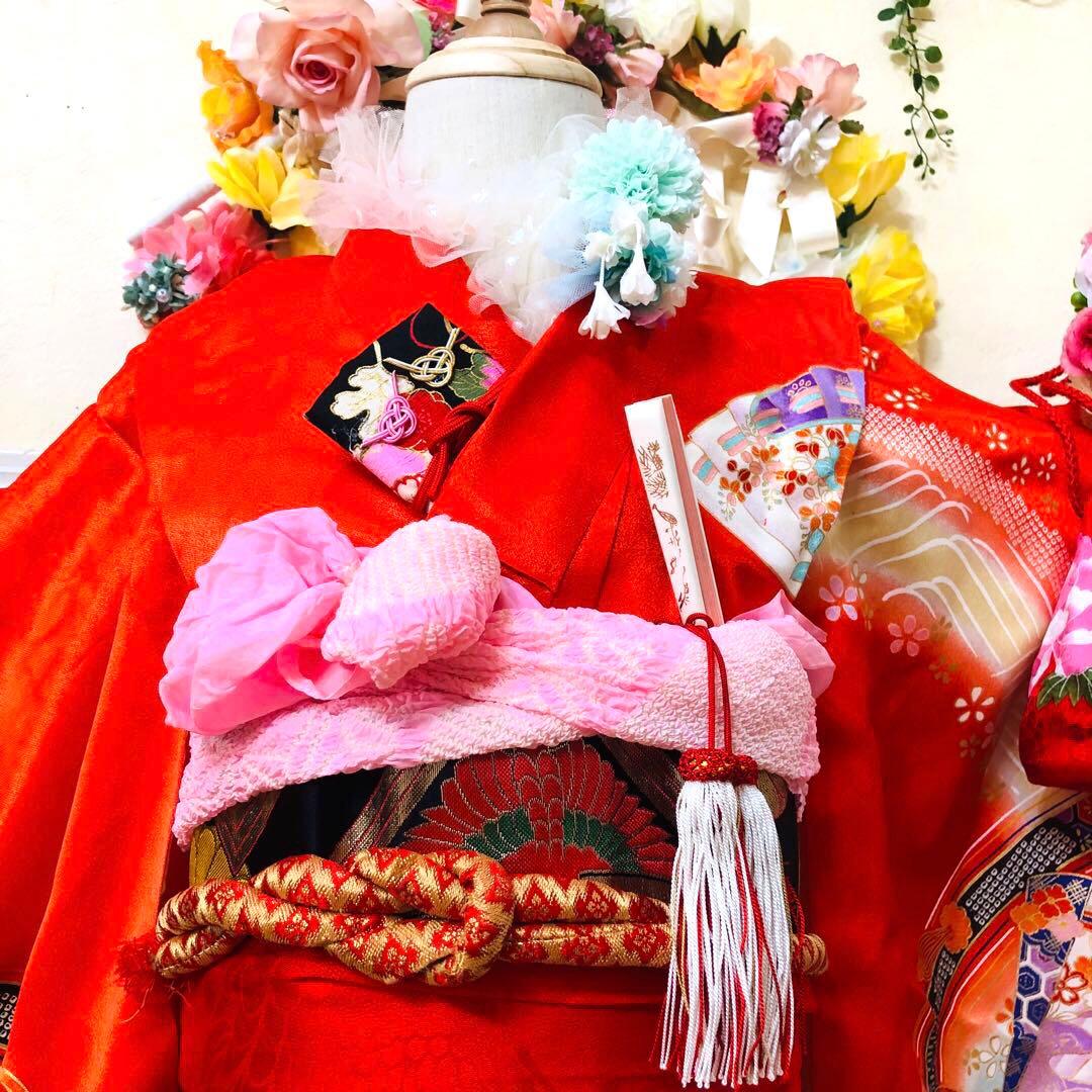 七五三7歳❣️人気赤地暈し金彩際立つ完全フルセッット⭐︎扇熨斗鶴菊金彩煌びやか際立つ