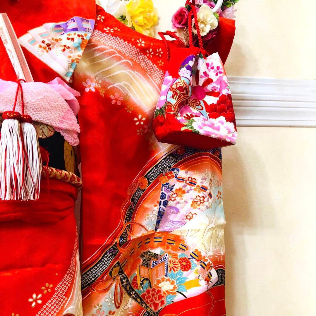 七五三7歳❣️人気赤地暈し金彩際立つ完全フルセッット⭐︎扇熨斗鶴菊金彩煌びやか際立つ