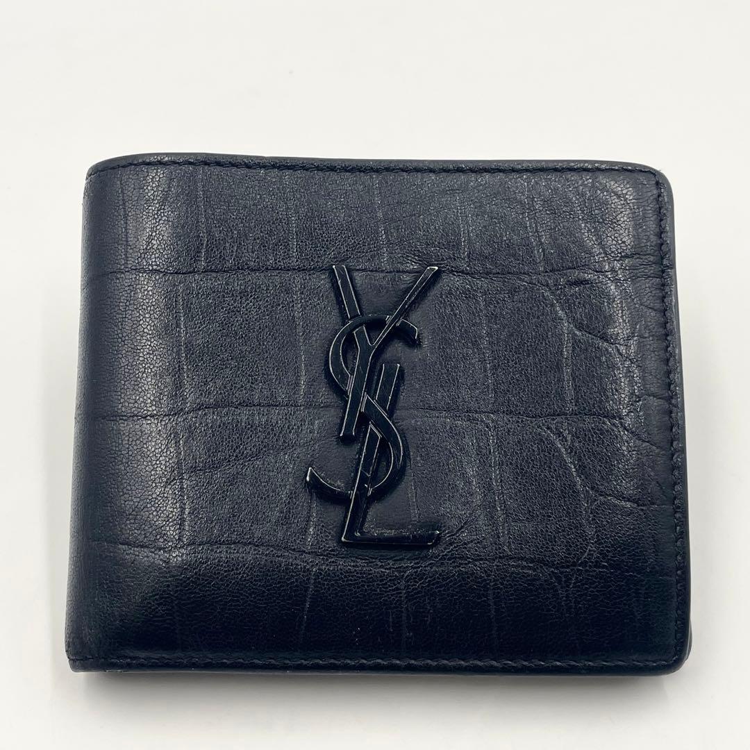【美品】 SAINT LAURENT 折り財布 クロコ型押し YSL金具 黒