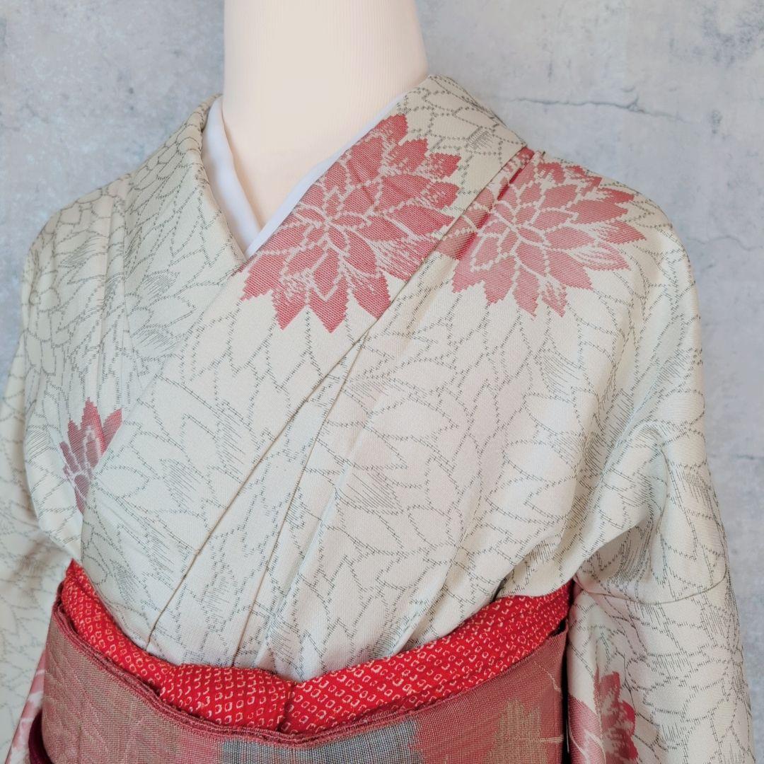 小紋　フルセット　着物　白地　花　しつけ糸　花　可愛い　おしゃれ　O3