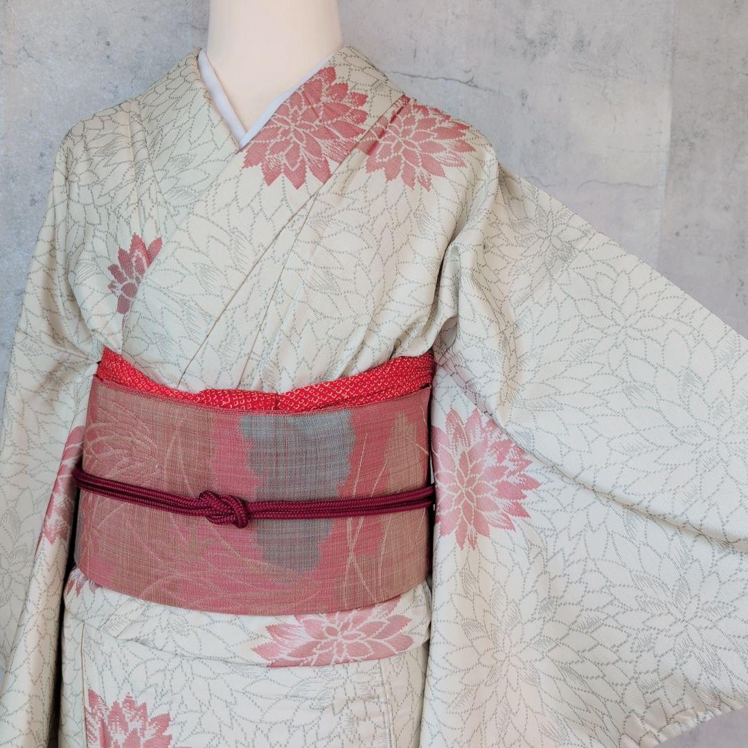 小紋　フルセット　着物　白地　花　しつけ糸　花　可愛い　おしゃれ　O3