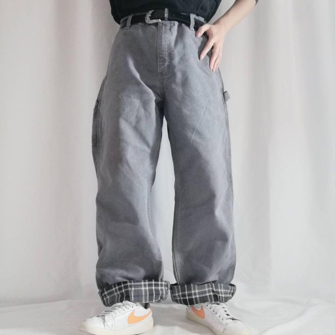希少 カーハート B111 裏地チェック ペインターパンツ 34×32 グレー
