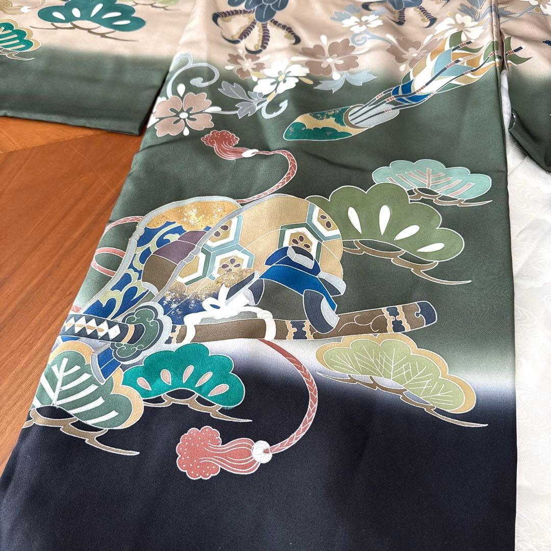 美品 七五三 5歳男の子 日本製羽織袴着物9点セット 黒 ベージュ 鷹 深緑