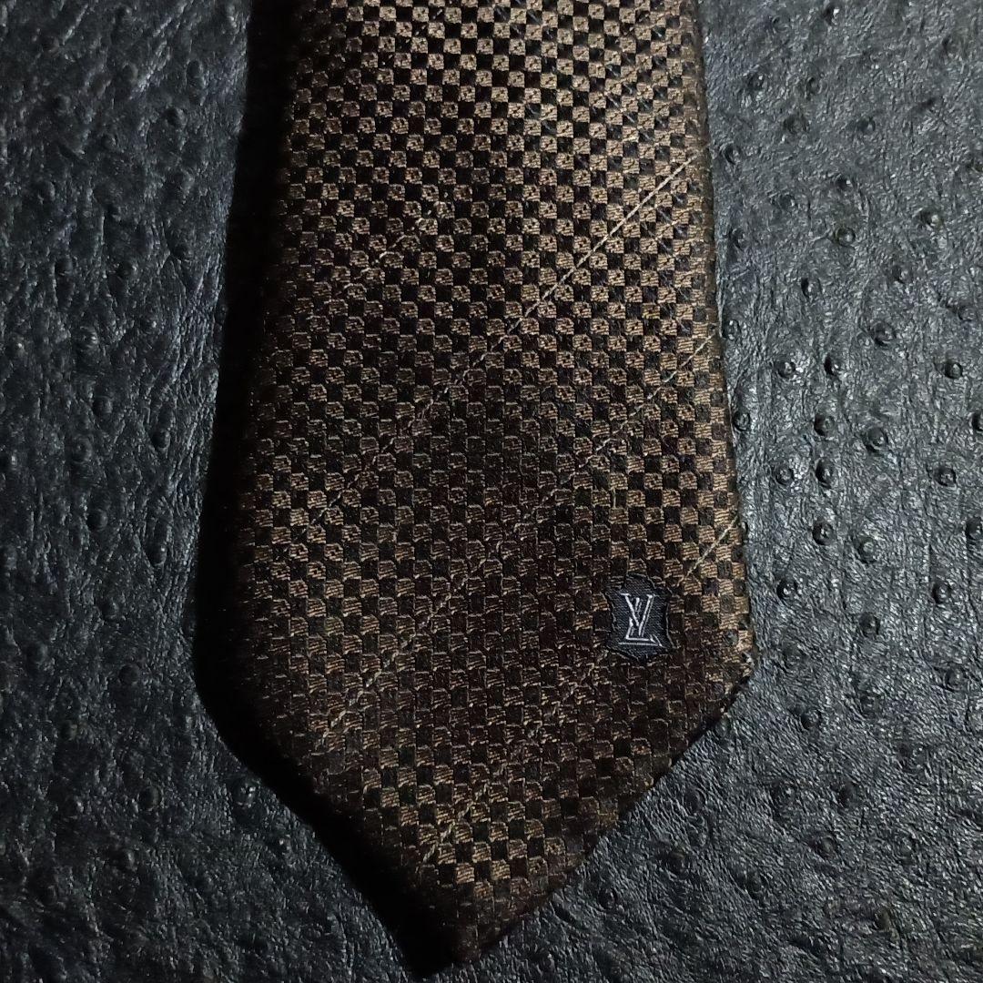 K881LV ◆ ルイヴィトン イタリア製 ダミエ総柄 ダークブラウン系ネクタイ