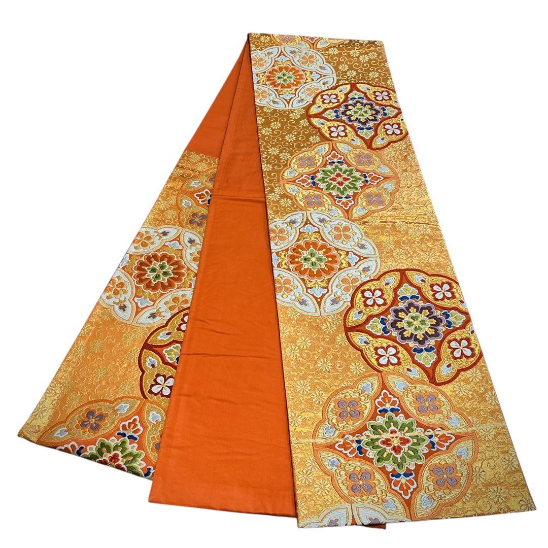 AA1袋帯 六通唐織華文柄 河合美術織物 金糸　八宝花 正絹 着物