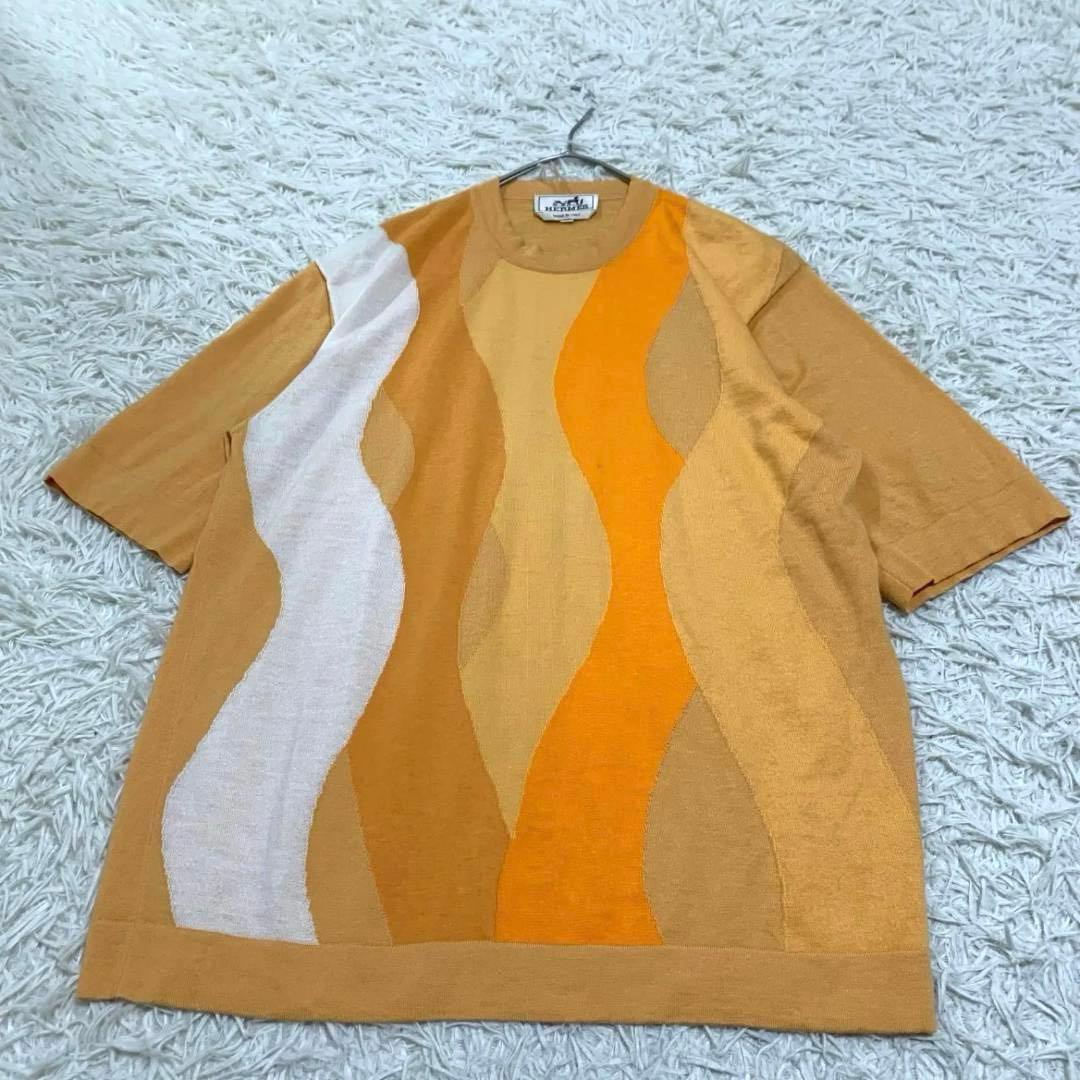 良品✨HERMES ヴィンテージ 半袖ニット 総柄 S レディース オレンジ