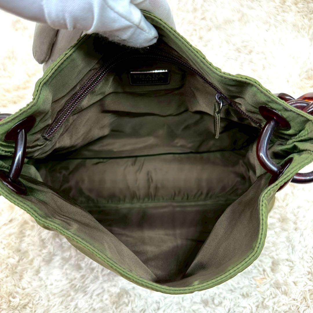 【美品】プラダ トートバッグ ワンショルダー カーキ ナイロン チェーン