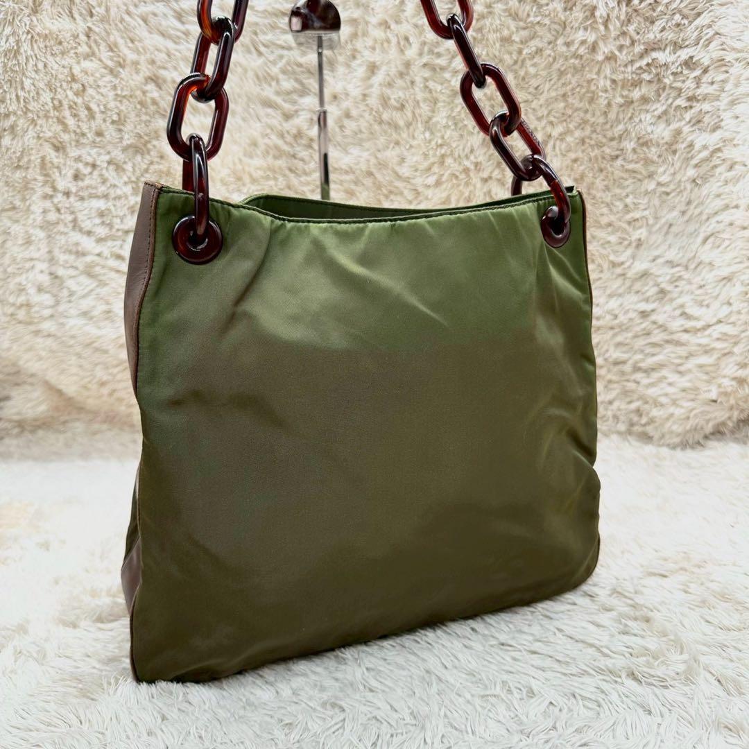 【美品】プラダ トートバッグ ワンショルダー カーキ ナイロン チェーン