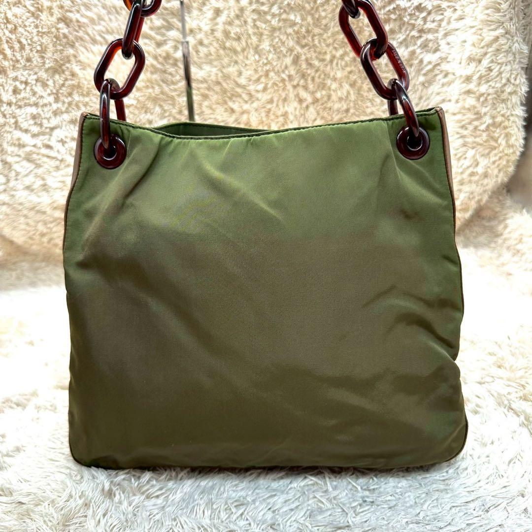 【美品】プラダ トートバッグ ワンショルダー カーキ ナイロン チェーン