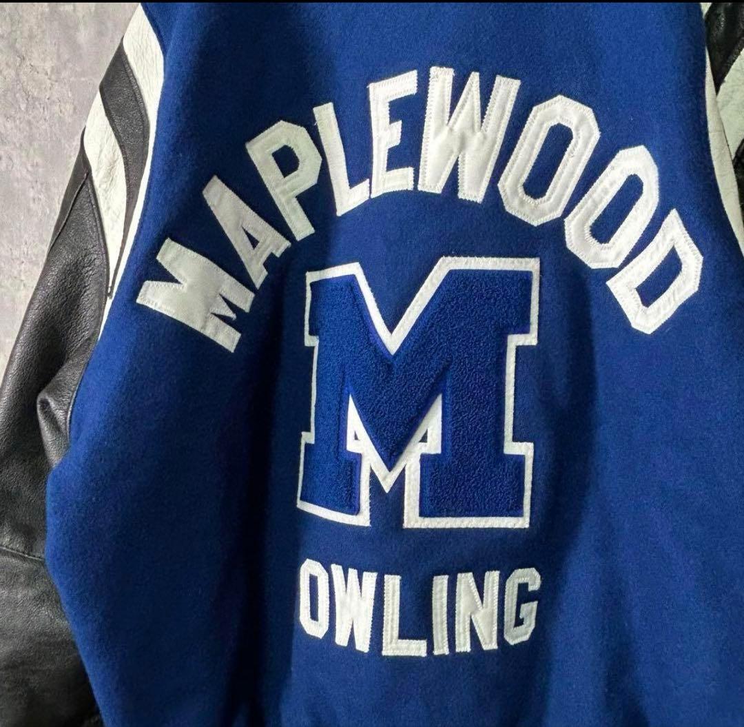 USA製 スタジャン 刺繍 袖レザー ウール 黒 青 XL ヴィンテージ