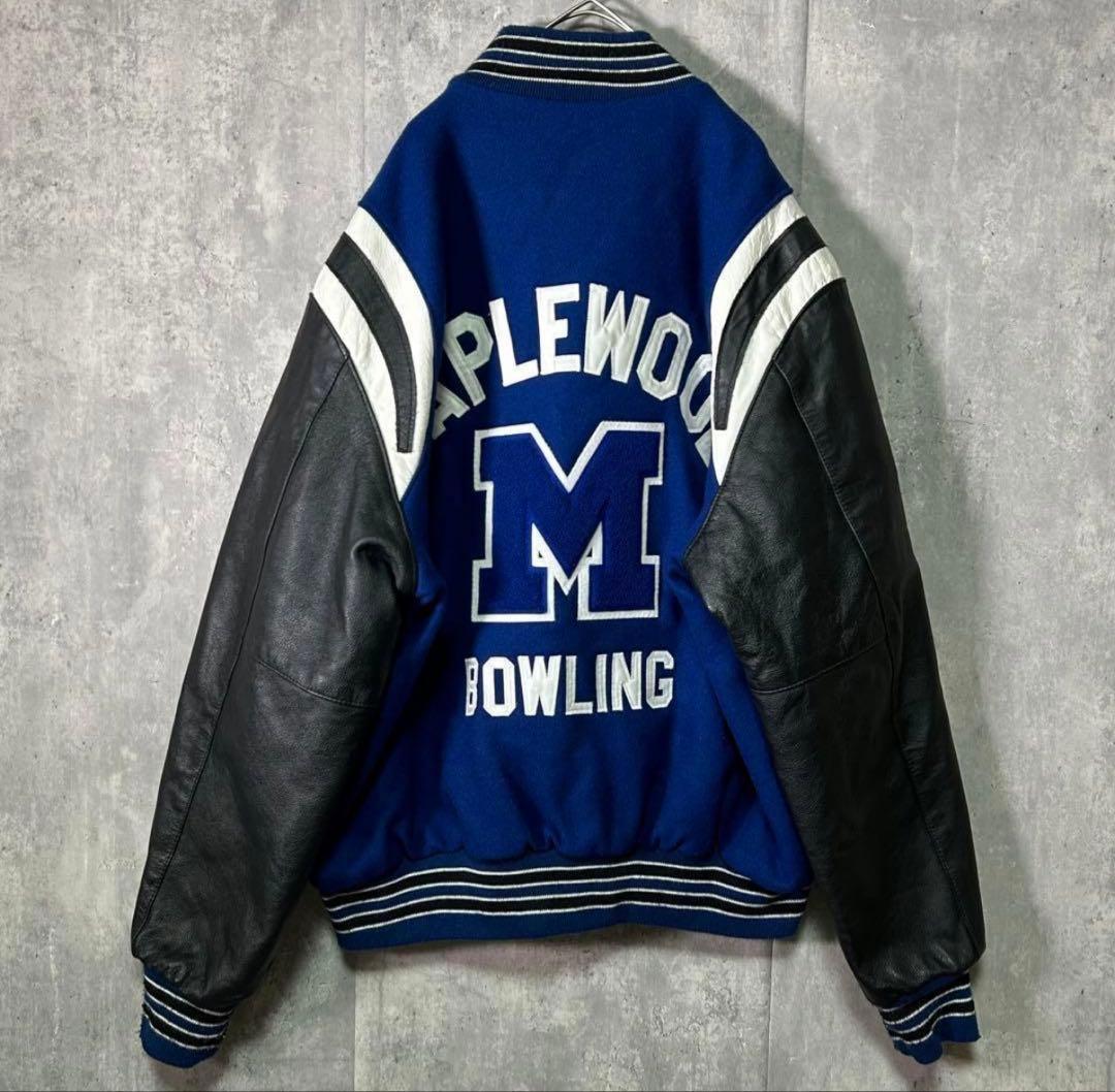 USA製 スタジャン 刺繍 袖レザー ウール 黒 青 XL ヴィンテージ