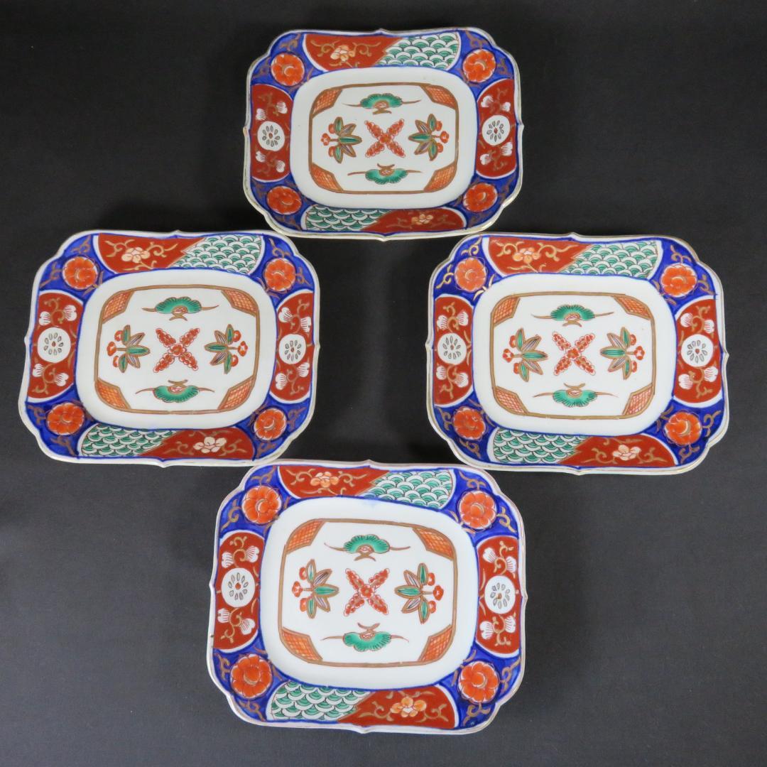 角皿 赤絵 色絵 金彩 松竹梅 4枚 唐草 明治前後