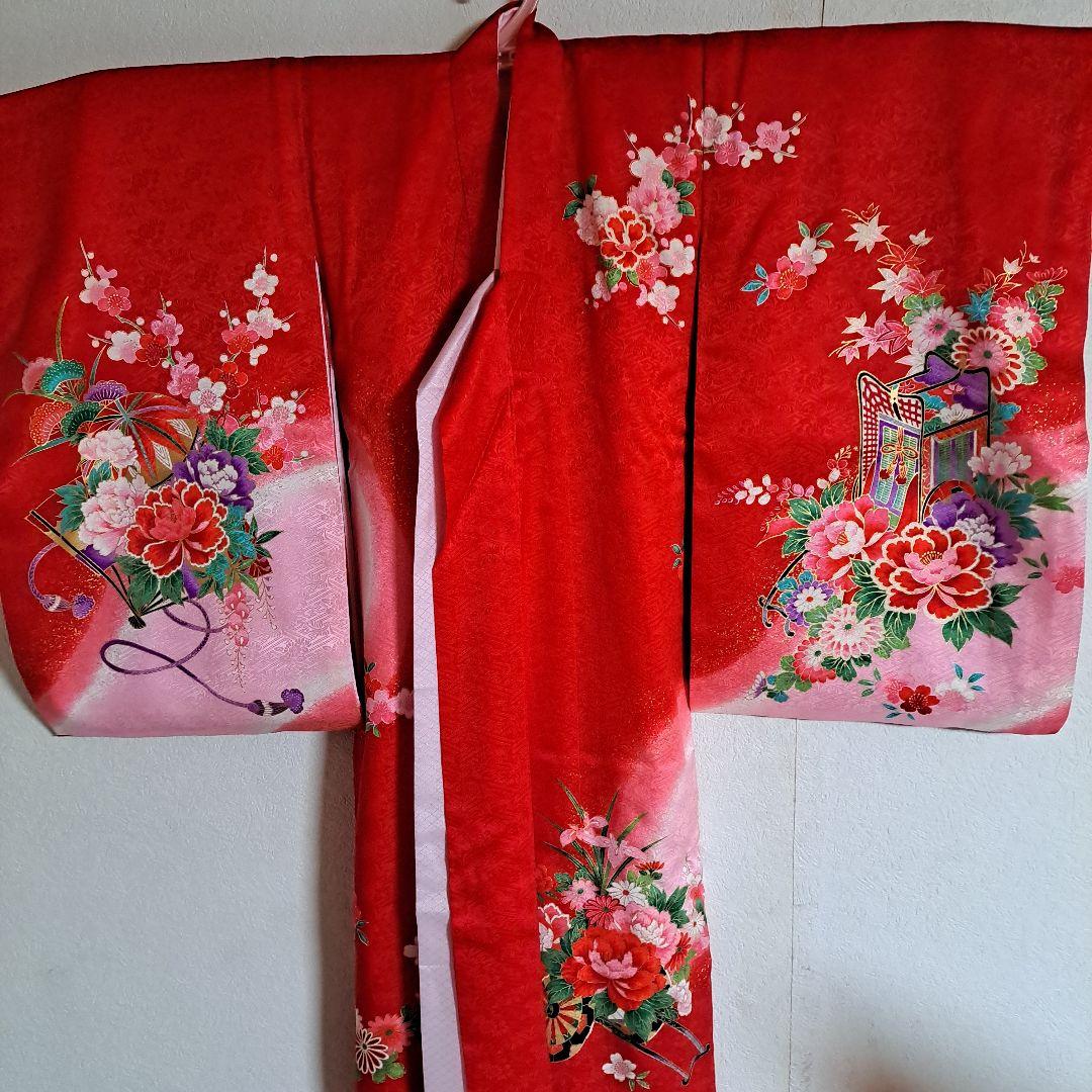 【美品】お宮参り　掛け着　正絹　祝着　産着　女の子　御所車　手まり　百花繚乱