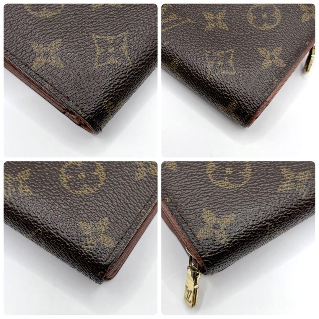 ルイヴィトン　二つ折り財布　トレゾール　L字　ファスナー　茶　ブラウン