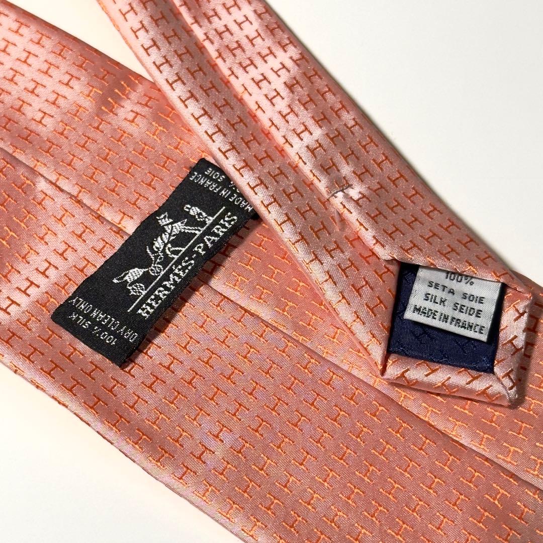 【極美品】 HERMES エルメス H柄 ファソネ オレンジ系 ネクタイ