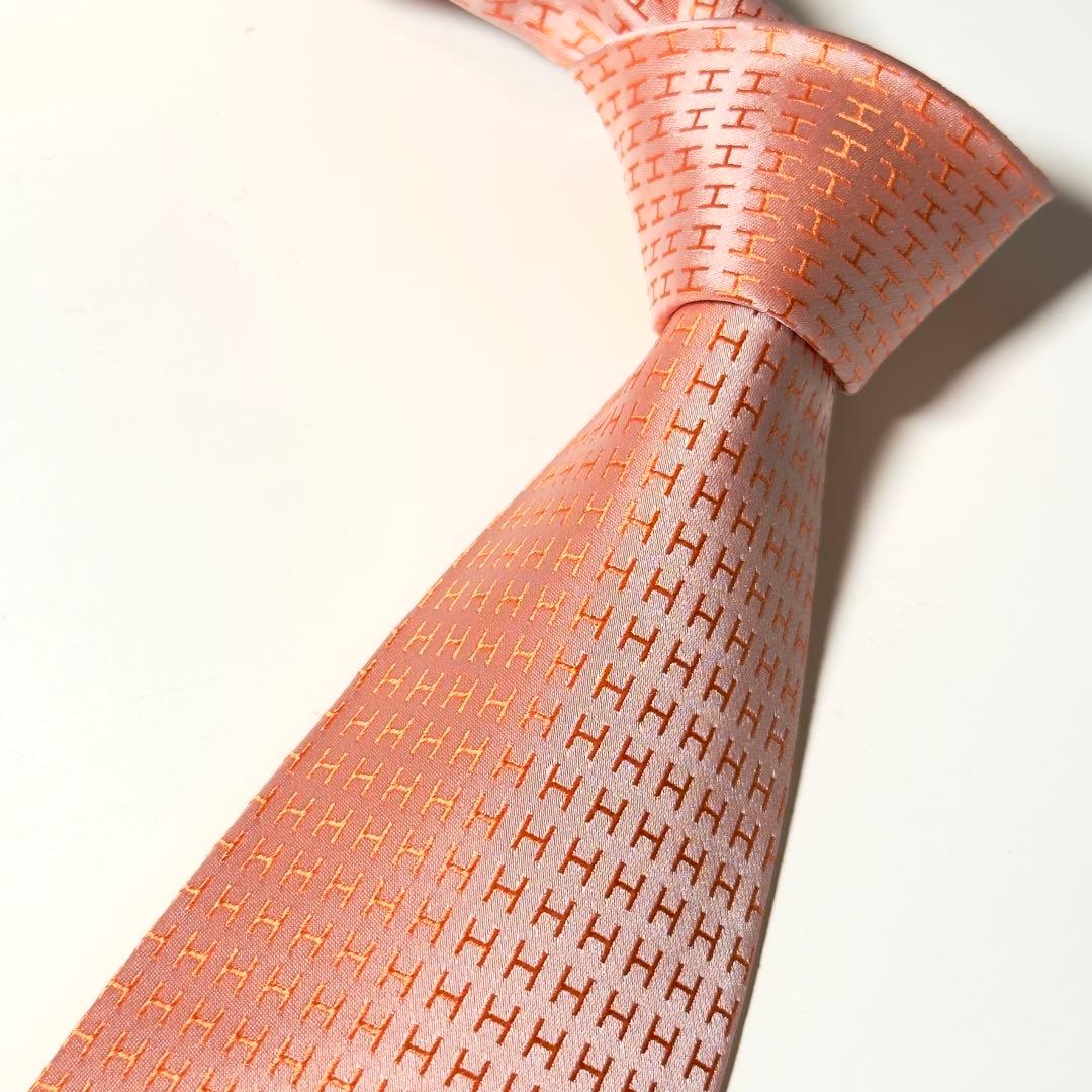 【極美品】 HERMES エルメス H柄 ファソネ オレンジ系 ネクタイ