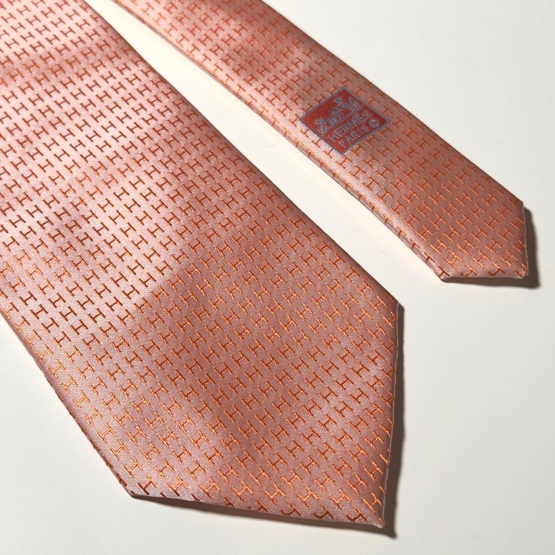 【極美品】 HERMES エルメス H柄 ファソネ オレンジ系 ネクタイ