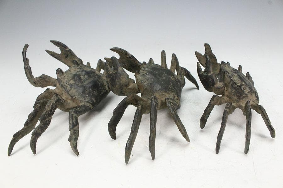 華道 古銅 蟹 飾 置物 三体(K-A987)