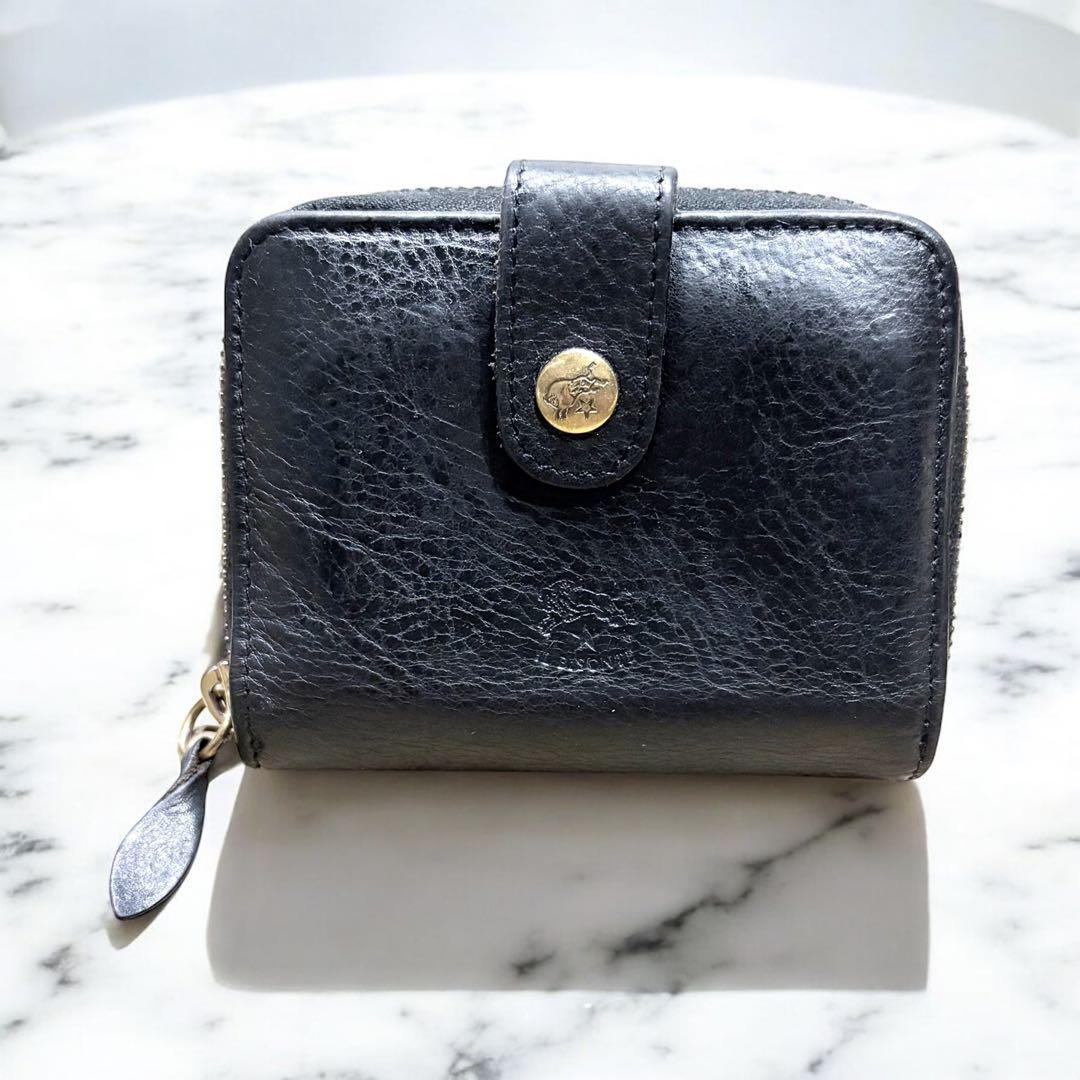 【人気】イルビゾンテ 二つ折り財布 ブラック レザー シボ 金ボタン