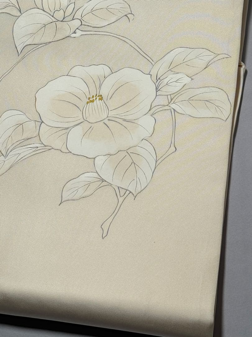 [美品] 塩瀬　名古屋帯　正絹　お太鼓柄　椿　洒落帯　白　カジュアル　小紋　無地